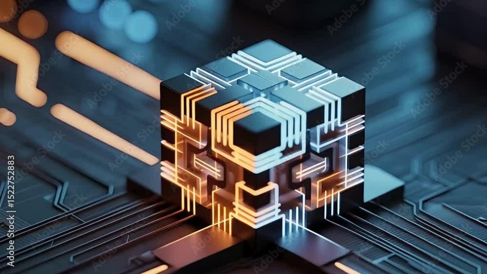 Poster abstract 3d render of a technological cube with glowing circuitry and lines