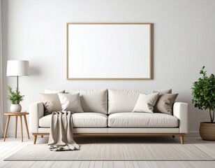 Minimalist living room with a blank frame above a cream sofa and natural light