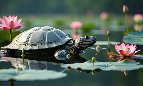 Yangtze Giant Softshell Turtle Surfacing in Lotus Lake with Ancient Ink Style

