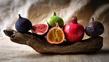 Assorted exotic fruits including figs, passion fruit, pomegranate, and guava displayed on a rustic wooden piece with a neutral fabric backdrop.