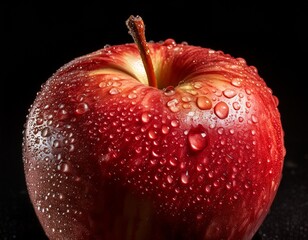 Close-up of a red apple with water droplets on its surface, set against a black background, highlighting its freshness and texture.