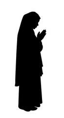 Silhouette of a woman in a prayerful pose with hands clasped on a transparent background
