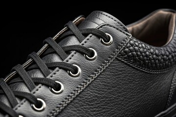 Macro Shot of a Black Leather Shoe with Laces and Silver Eyelets over Black