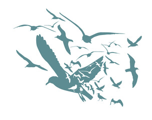 Flying birds blue silhouettes on white background. Vector illustration. isolated bird flying. tattoo design