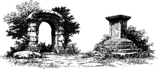 Fototapeta premium Engraved illustration of ancient arched gateway and stone monument in historical setting