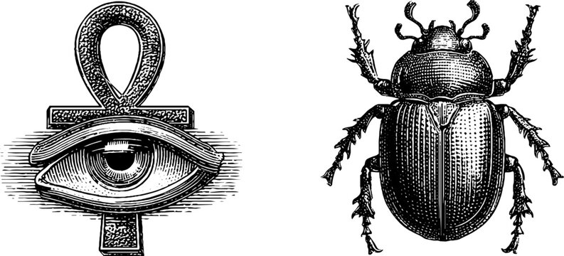 Ancient egyptian symbols: ankh with eye and scarab beetle engraving design