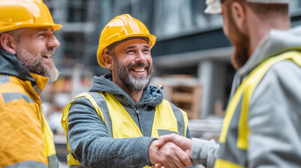 Construction workers engage in a friendly handshake at a building site while wearing safety helmets and vests during daylight hours