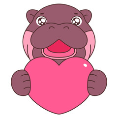 Obraz premium Pygmy Hippo with Heart Cartoon Character Hand Drawn Illustration
