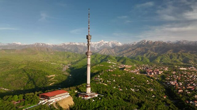 Aerial Panorama of Almaty city with TV tower in Kazakhstan