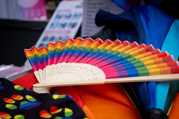 Rainbow fan celebrating pride month with colorful accessories