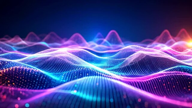 Abstract Soundwave: A mesmerizing visualization of sound waves, rendered in a symphony of vibrant neon hues, creates an abstract landscape of sonic energy. Dynamic patterns undulate.