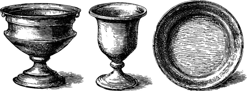 Engraved illustrations of bronze age goblet and plate for historical design projects