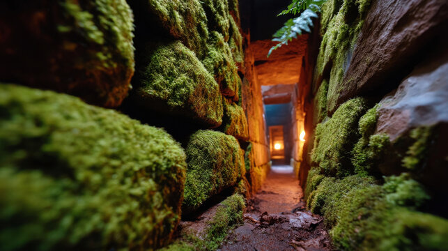 Low angle view of mossy corridor in dim torchlight within an ancient stone dungeon