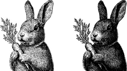 Obraz premium Engraved bunny illustration set with carrot for easter celebration and vintage design