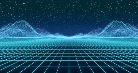 Futuristic glowing neon wireframe background. Shining grid horizon and mountain in perspective. Bright retro digital cyberspace against night starry sky. 3D rendering.