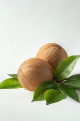 Coconuts with leaves on a white background, selective focus, Generative AI,