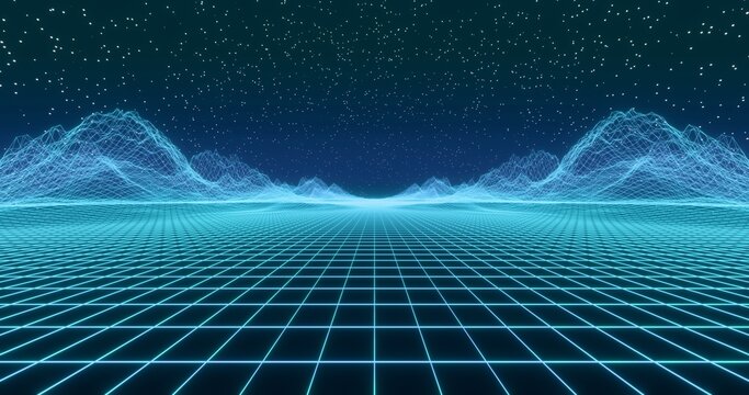 Futuristic glowing neon wireframe background. Shining grid horizon and mountain in perspective. Bright retro digital cyberspace against night starry sky. 3D rendering.