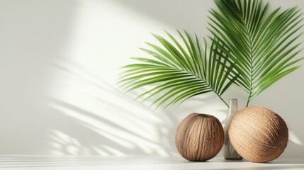Coconuts with leaves on a white background, selective focus, Generative AI,
