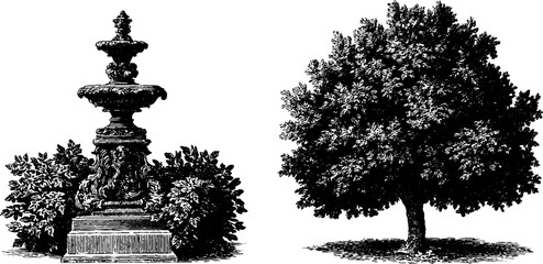 Fototapeta premium Intricate chippendale ornate fountain and lush tree engraved art design