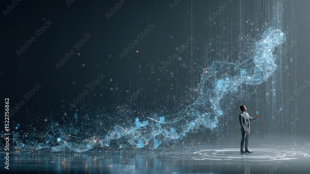 Poster man in suit interacting with digital data stream in a futuristic environment with dark background