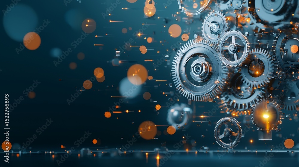 Poster dynamic gears in motion industrial setting abstract design dark background close-up concept of innov