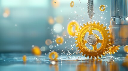 Industrial machinery action close-up of golden gears in motion workshop environment concept of engineering innovation