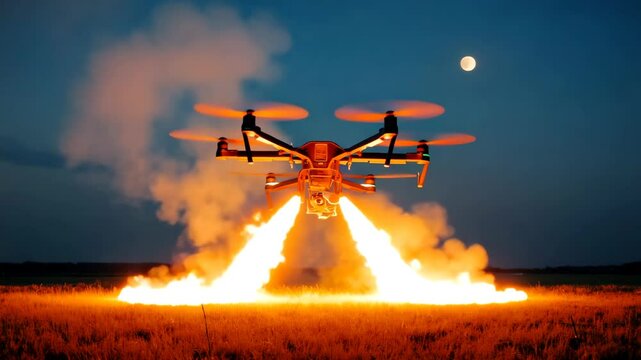 Weaponized drone with a flamethrower burning a dry grass field at dusk under a full moon