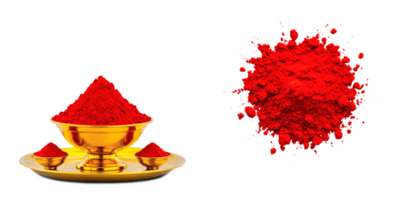 Holy kumkum powder in golden bowl and heap use for Indian traditional god worship and applying a bindi (mark) on forehead of woman for good luck,cutout transparent background, png format