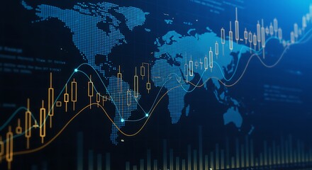 Global Stock Market Analysis with Candlestick Charts and World Map Financial Data Visualization for Investment Decisions and Economic Trends