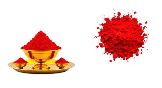 Holy kumkum powder in golden bowl and heap use for Indian traditional god worship and applying a bindi (mark) on forehead of woman for good luck,cutout transparent background, png format