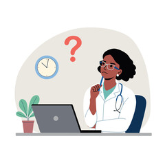 Thinking medic woman with question mark before the laptop. Flat style cartoon vector illustration.