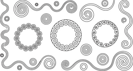 Artistic abstract elements in black and white including swirls and circular shapes