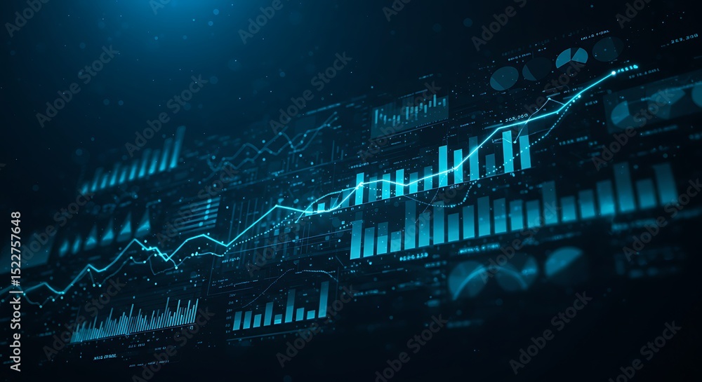 Poster abstract financial data visualization with glowing lines and charts on a dark blue background for bu