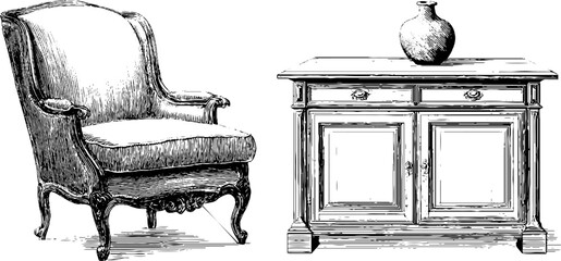 Fototapeta premium Vintage edwardian armchair and cabinet engraving for interior design inspiration
