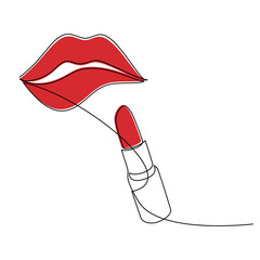 Hand drawn red woman lips vector. One line continuous drawing. Beauty fashion icon, lipstick linear silhouette, cosmetics makeup print, banner, card, poster, brochure, logo, sign, symbol.