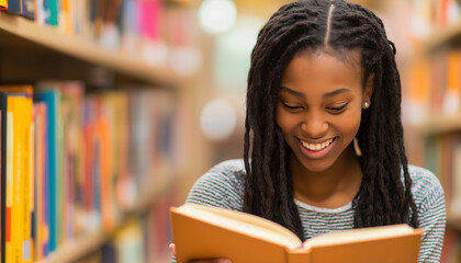 Aluna afro-americana feliz e sincera lendo um livro na biblioteca da sala de aula. Imagem inclusiva de uma adolescente negra revisando os estudos para as provas. 
