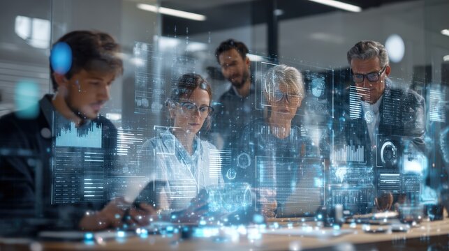 A group of diverse professionals collaborating with holographic data displays in an office setting - Powered by Adobe