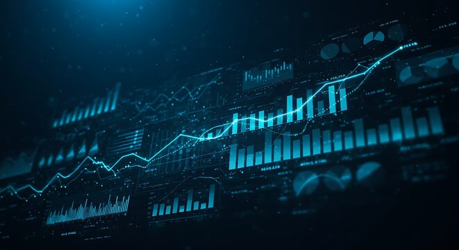 Abstract Financial Data Visualization with Glowing Lines and Charts on a Dark Blue Background for Business Analysis