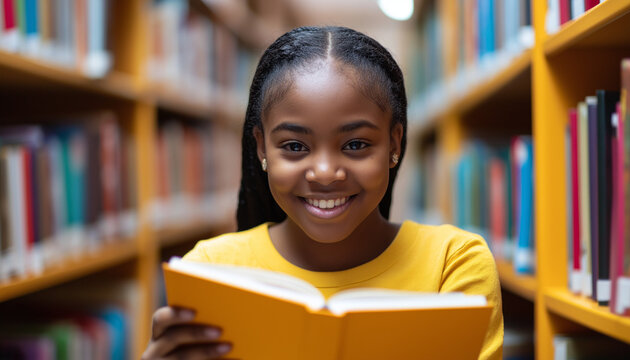 Aluna afro-americana feliz e sincera lendo um livro na biblioteca da sala de aula. Imagem inclusiva de uma adolescente negra revisando os estudos para as provas. 