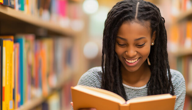 Aluna afro-americana feliz e sincera lendo um livro na biblioteca da sala de aula. Imagem inclusiva de uma adolescente negra revisando os estudos para as provas. 