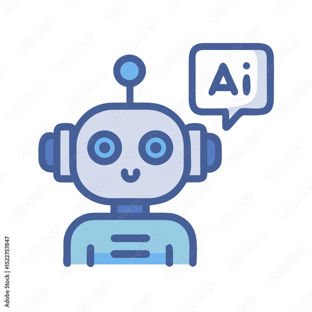Poster friendly robot character with speech bubble displaying ai