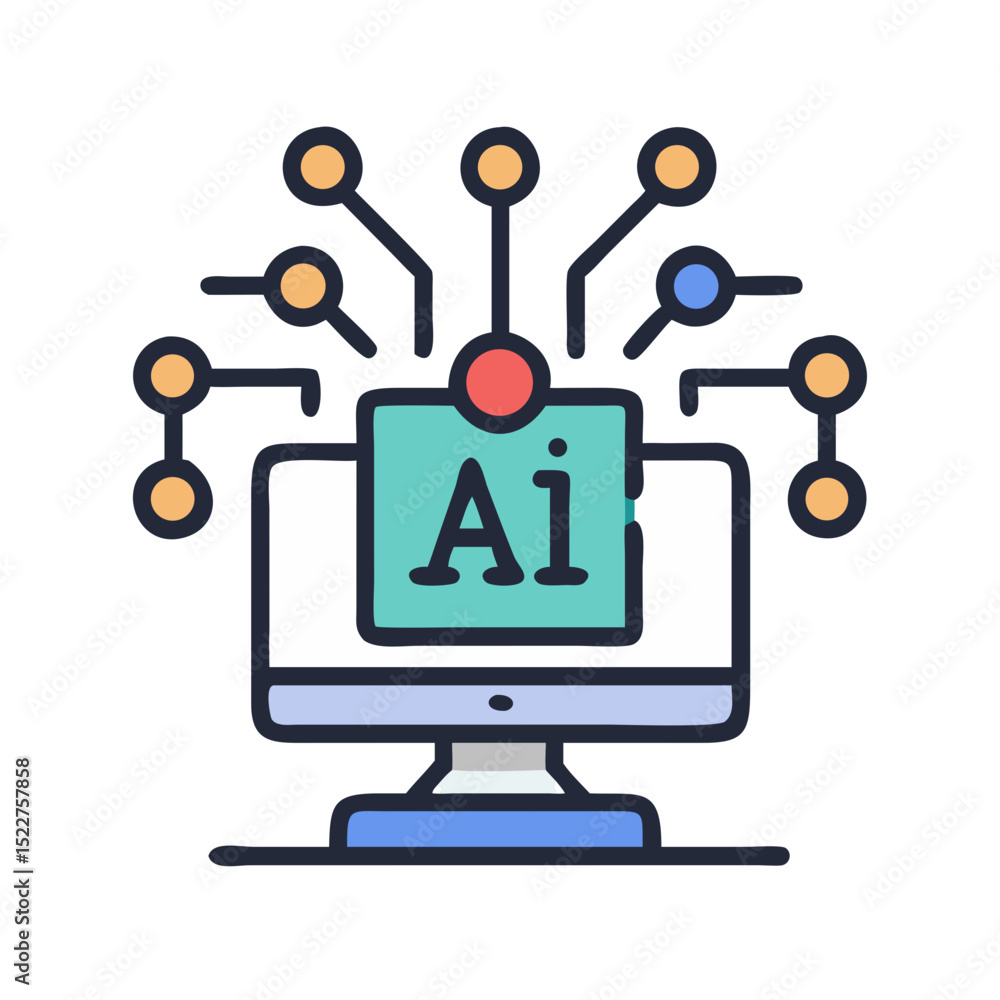 Poster computer monitor with ai symbol and connected nodes in colorful design