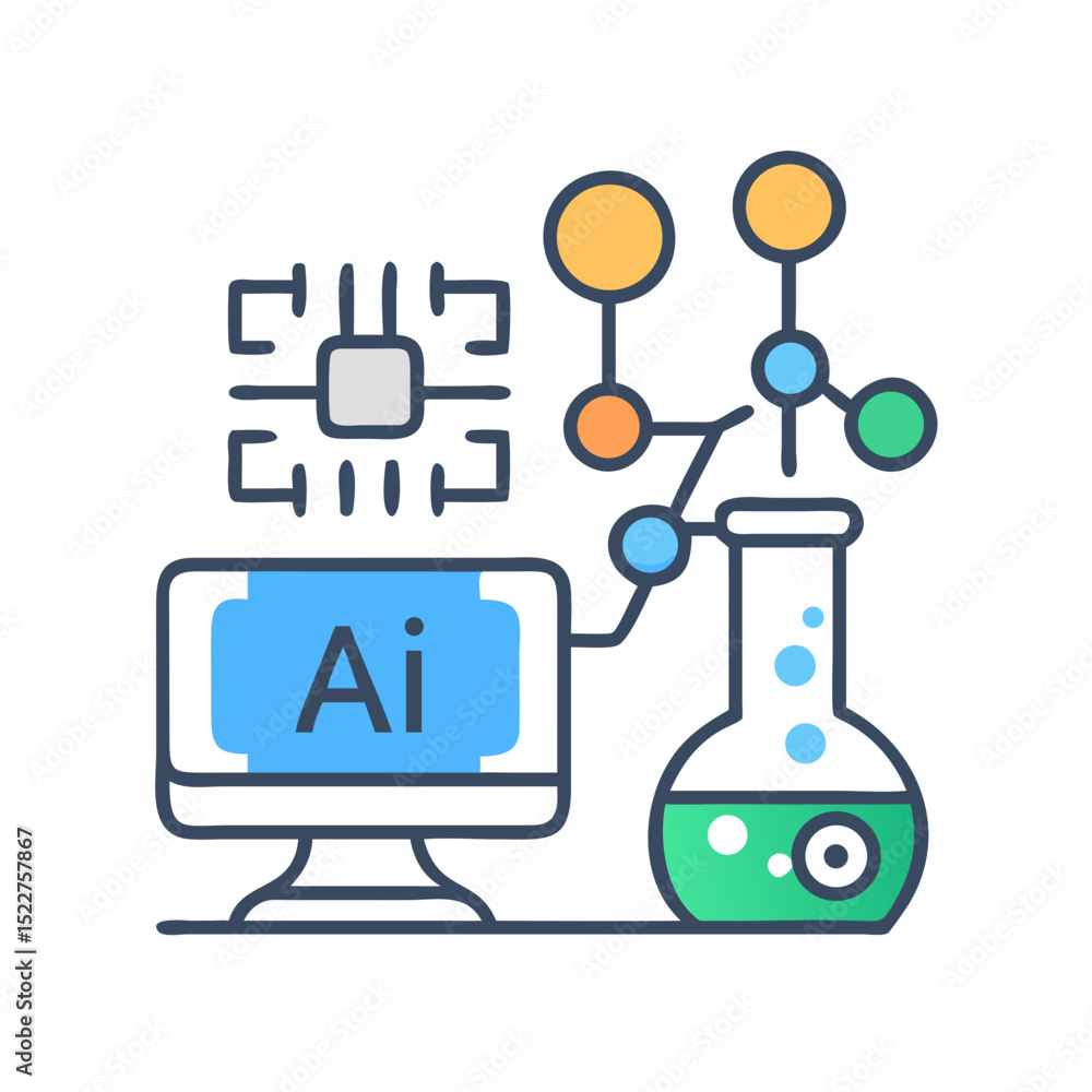 Poster ai technology illustration featuring computer and laboratory flask
