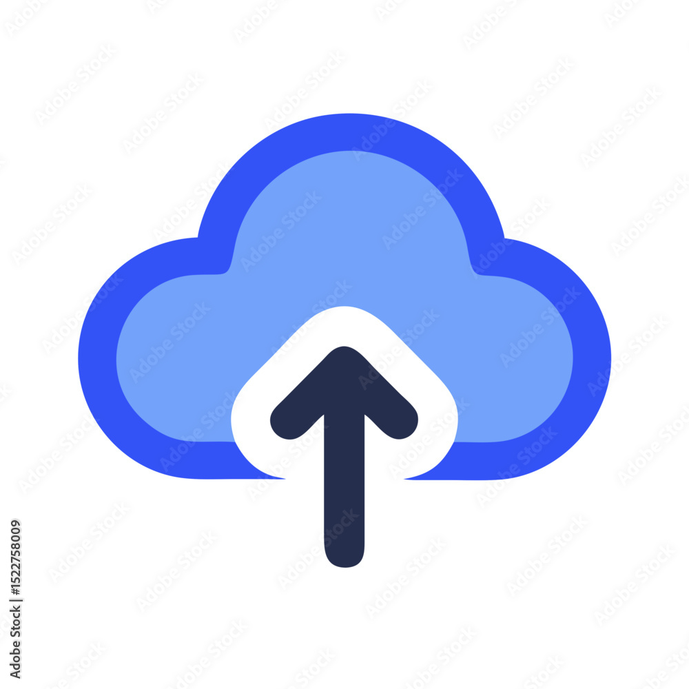 Poster cloud upload icon with upward arrow in blue color scheme