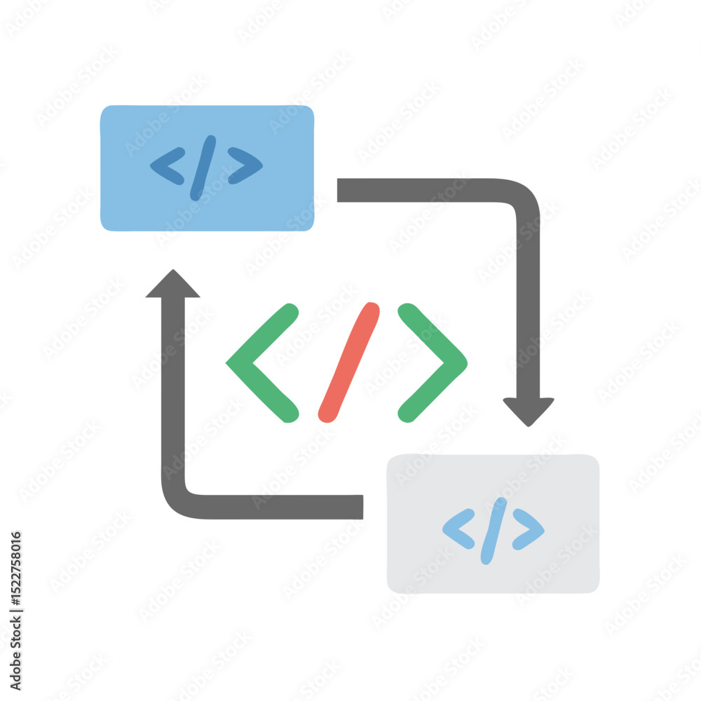 Poster code flow diagram with arrows connecting graphic blocks in color