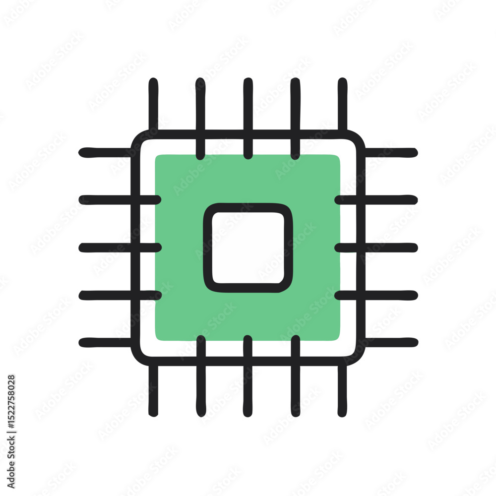 Poster cpu chip icon with lines in minimalist design and green accents