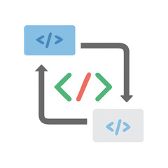 Code flow diagram with arrows connecting graphic blocks in color  