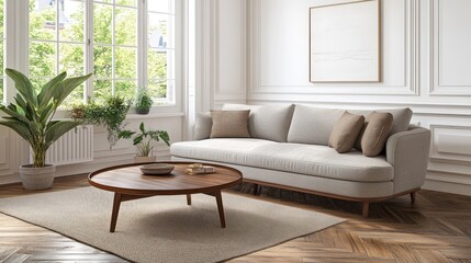 Fototapeta premium A light-filled living room with a stylish sofa and coffee table.
