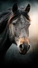 Obraz premium Majestic black horse gazes into the distance against a moody backdrop during twilight hours