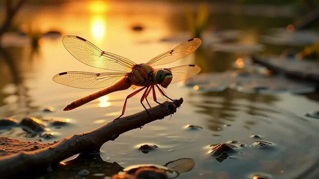 Dragonfly resting on stick near water during sunset

